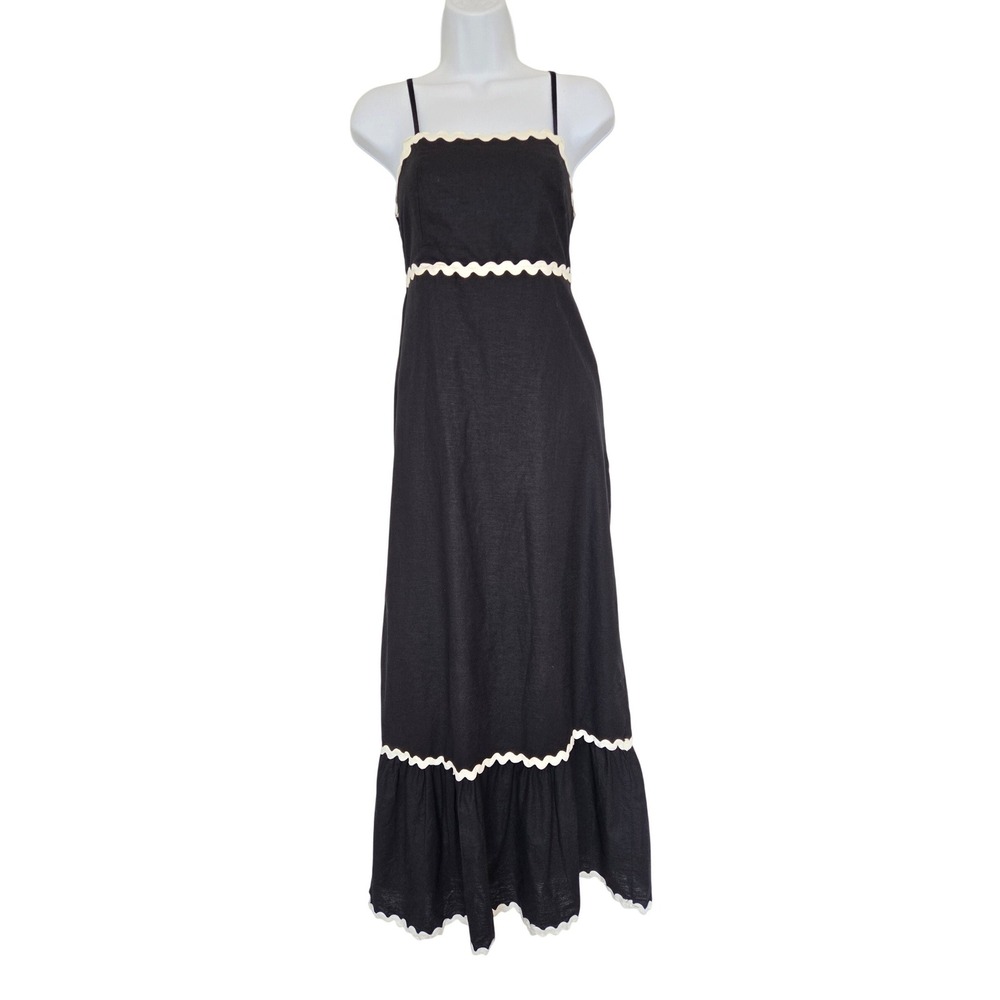 Sincerely Jules Black Ric Rac Trim Linen Maxi Dress Sz M Boho Coastal Minimalist